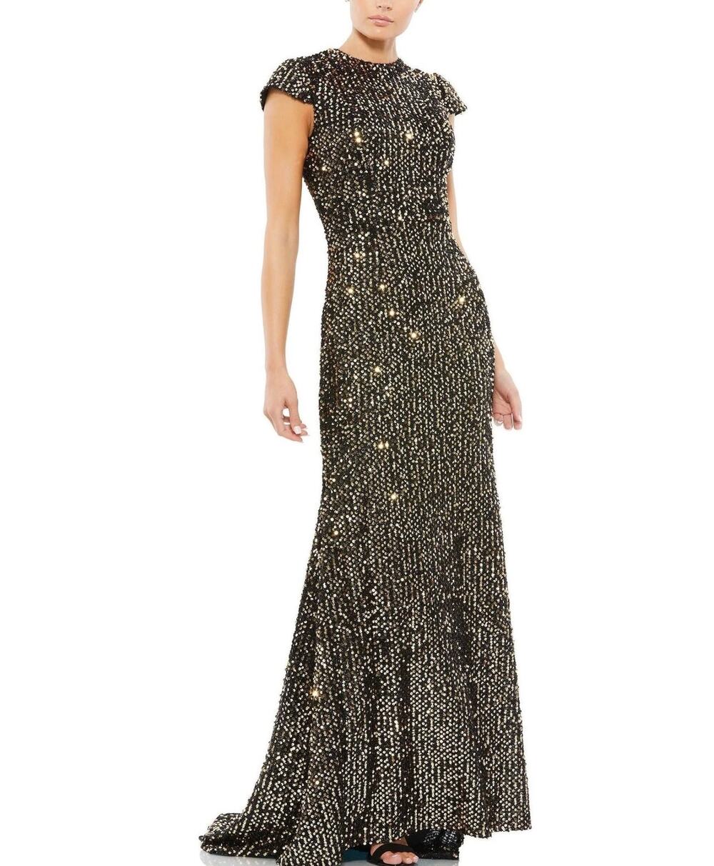 Mac Duggal 26647 Black and Gold Column Evening Gown Cap Sleeve Dress Size 4
